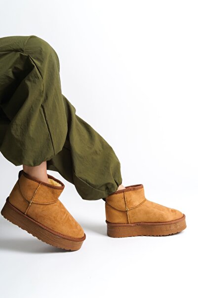 pabucmarketi Taba Suede Fur-Lined Short Women's Flat Boots