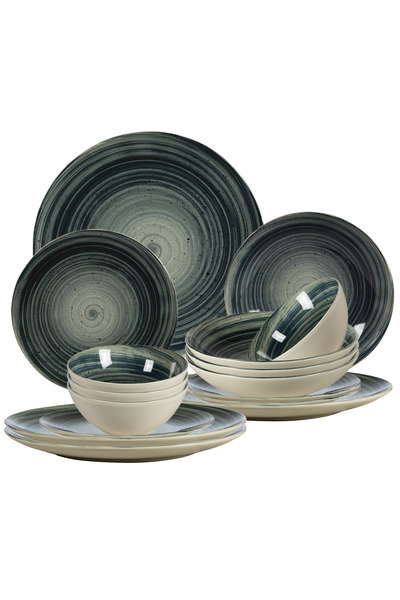 Cesiro Set of 16 Plates for 4 Persons, Graffiti, Ivory with Dark Gray Circle ...