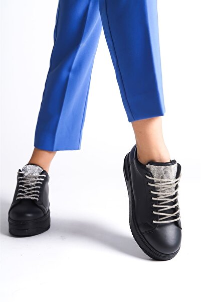 pabucmarketi Black (Black Sole) Lace-Up Stoned Women's Sports Shoes