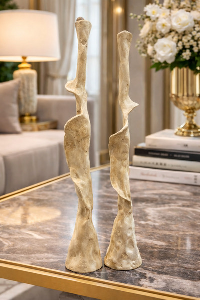 İSHTAR DEKOR Modern 2'Li Kıvrık Şamdan - Traverten Renk - 52x42 cm