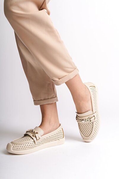 pabucmarketi Cream Heart Patterned Women Ballet Flats