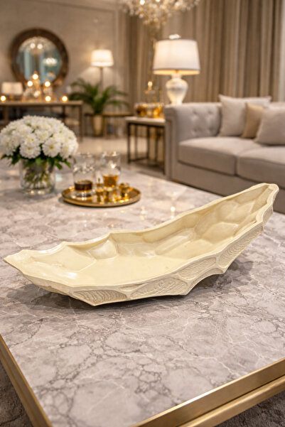 İSHTAR DEKOR Modern Eğimli Yaprak Gondol Aksesuar - Traverten Renk - 22*54*18 cm
