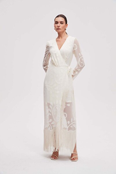 Livia فستان ميدي سادة بأكمام طويلة مزين بشراشيب