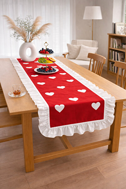 SADEN HOME White Heart Patterned Ruffled R Table Runner 40X110 cm