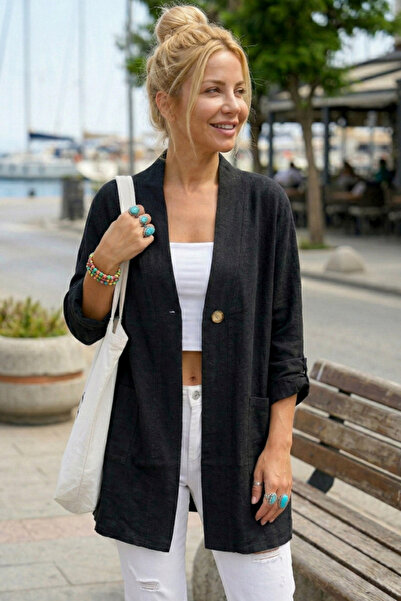 Chiccy Crni kimono ovratnik, 3/4 rukav, kopčanje, dvostruka Sa džepovima leže...