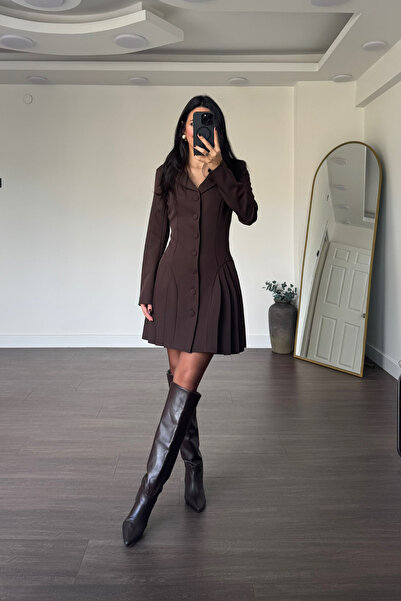 Grtrend Pile Detaylı Omuz Vatkalı Elbise-Kahve