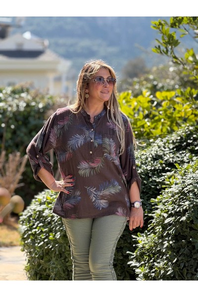 Punta Otantik Yg14085 Italian Three-Button P Cotton K Linen Blouse Coffee