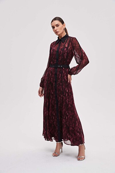 Livia فستان ميدي طويل الأكمام منقوش حزام