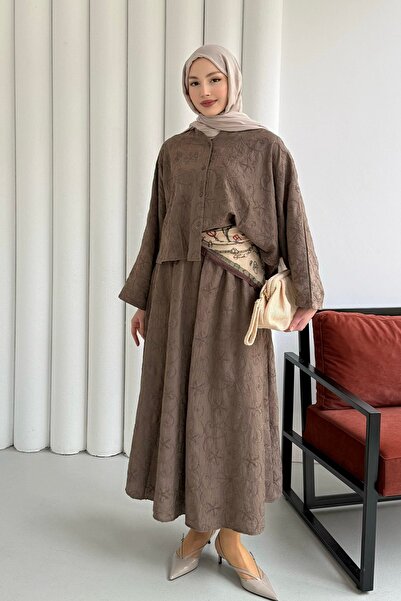 Modaensarbutik Yarasa Kol Kendinden Desenli Bel Lastikli Etekli Tesettür Takı...