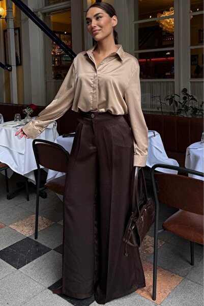 Madmext Bitter Brown Wide-Leg Stylish Satin Trousers Mg2736