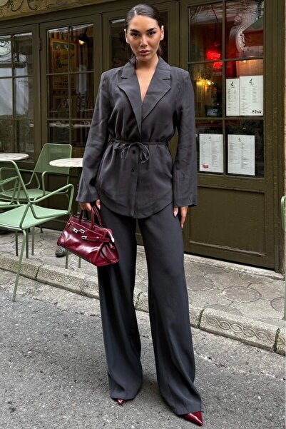 Madmext Anthracite Tie-Detail Modal Women's Jacket Set Mg2738