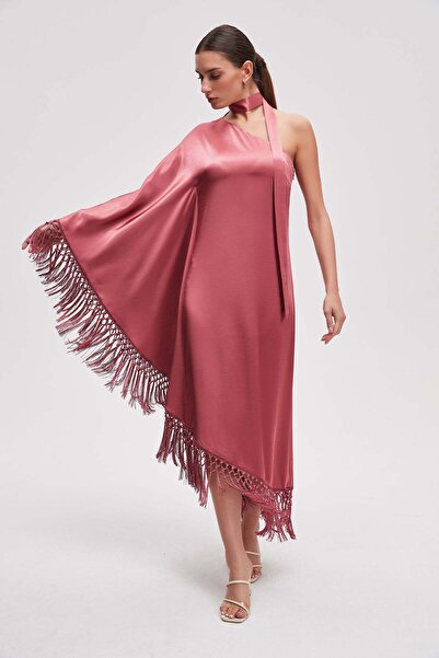 Livia فستان ميدي سادة بكتف واحد مزين بشراشيب