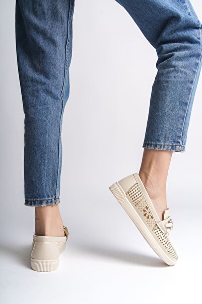 pabucmarketi Cream Floral Print Women Ballet Flats