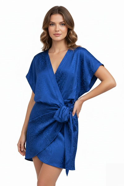 Deriderim Saks Mavisi Kimono Kollu V Yaka Anvelop Elbise