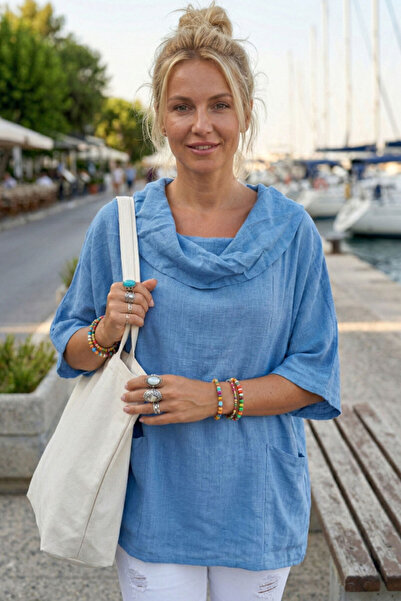 Chiccy Plava Šal kragna Kratki rukav Dvostruka Sa džepovima Ležerna Lan Širok...