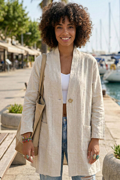 Chiccy Bež kimono ovratnik, 3/4 rukav, kopčanje, dvostruka Sa džepovima ležer...