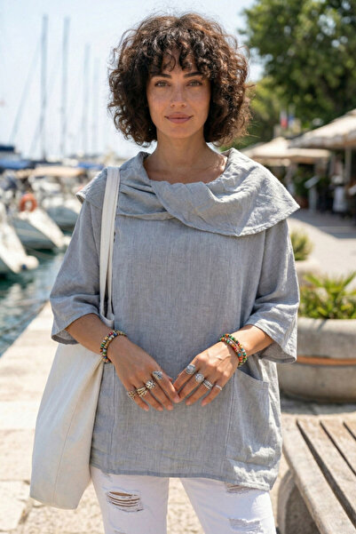 Chiccy Siva Šal kragna Kratki rukav Dvostruka Sa džepovima Ležerna Lan Široka...