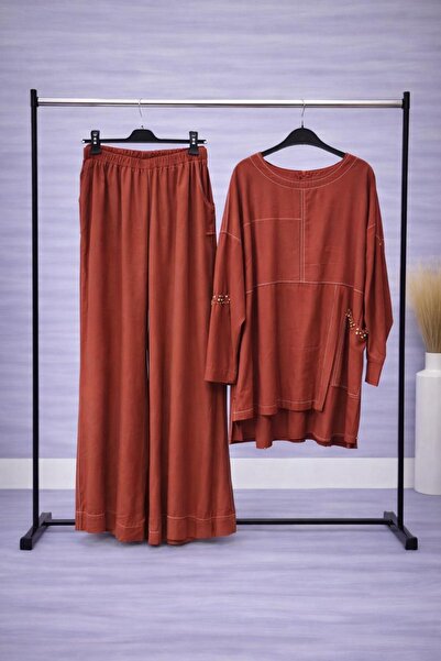 Ceremony Kiremit Taş Detaylı Tunik Pantolon İkili Takım