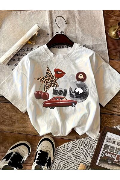 LELVANİ Tricou de damă cu imprimeu Cireșe, Stele, Leopard și Mașină Roșie