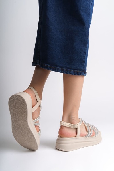 pabucmarketi Cream Elastic Stoned Women's Flat Shoes Sandals