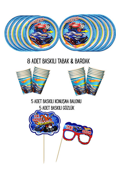 HAPPYLOOPPARTY HotwheelS Baskılı 8 Kişilik Tabak , Bardak & 5 Adet Konuşma Ba...