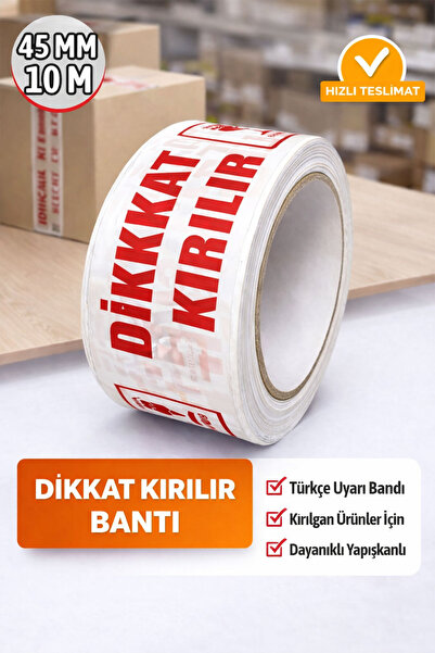 Badem10 DİKKAT KIRILIR Koli Bandı 45x100 Mt Kırılabilir Ürünler İçin Uyarı Ba...