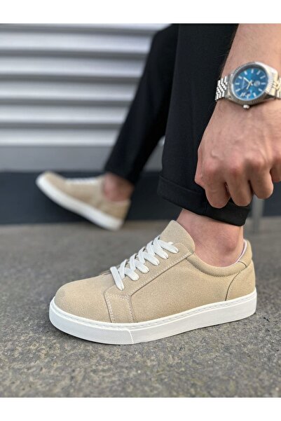 pabucmarketi Cream Suede Lace-Up Men's Sneakers