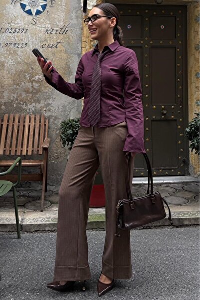 Madmext Mink Striped Wide Leg Normal Waist Pants Belt Pack Mg2735