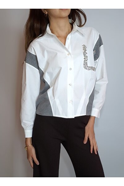 oyagüler Women's White Gray Stone Decorated Pocket Detail Design Shirt Yy101368
