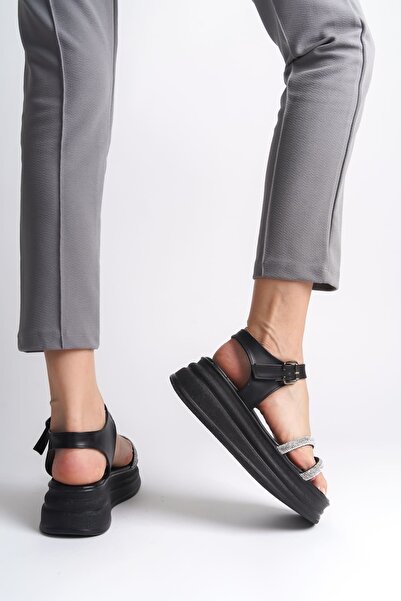 pabucmarketi Black Buckled Stone Striped Women's Flat Shoes Sandals