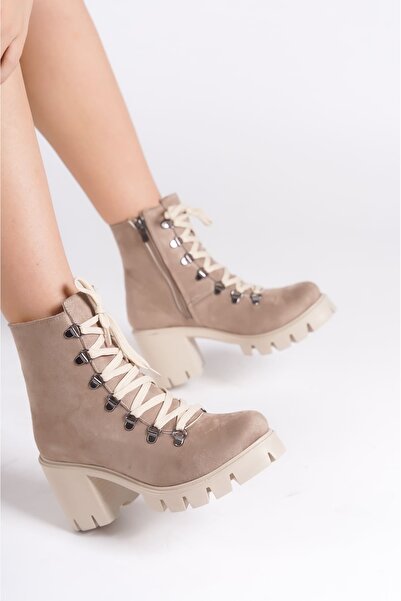 pabucmarketi Ten Suede Lace-Up Zippered Women's Heeled Boots