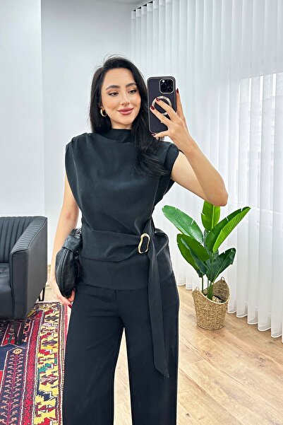 Hipo Trend Gold Buckle Detail Drapey Stylish Black Blouse