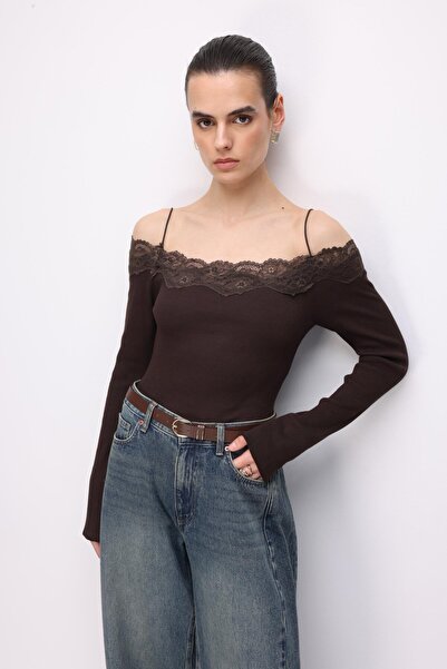 Mixray 2062 Ženska bluza sa Carmen kragnom Čipka pakovanja, smeđa