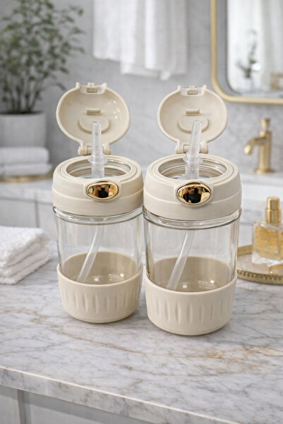 BMHOUSE Tavşan Kulaklı Pipetli Cam Matara Çocuk Suluk Cam Su Şişesi Okul Spor...