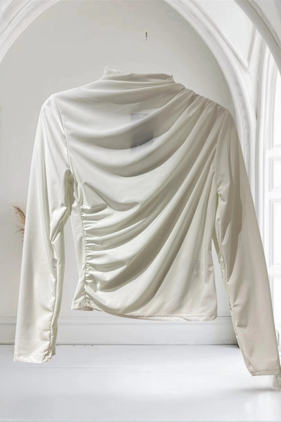 EFRUNS Kadın Drapeli Asimetrik Bluz Dik Yaka Uzun Kollu Likralı Şık Bluz