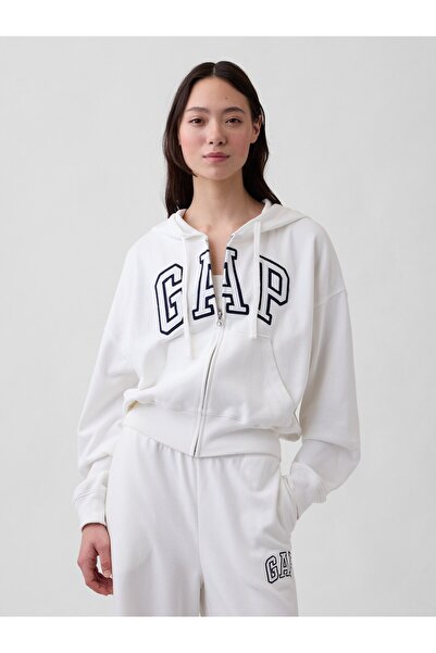 GAP Kadın Beyaz Oversized Logo Fransız Havlu Kumaş Fermuarlı Sweatshirt