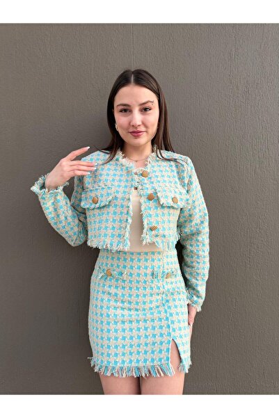ASL WOMAN Gold Buttoned Tweed Jacket & Mini Skirt Set – Turquoise