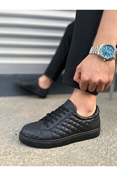 pabucmarketi Black (Black Sole) Lace-Up Quilted Patterned Men's Casual Shoes