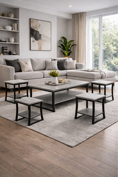 MARIA HOMES Premium 5-Piece Coffee and Side Table Set Grey Top Black Metal Le...