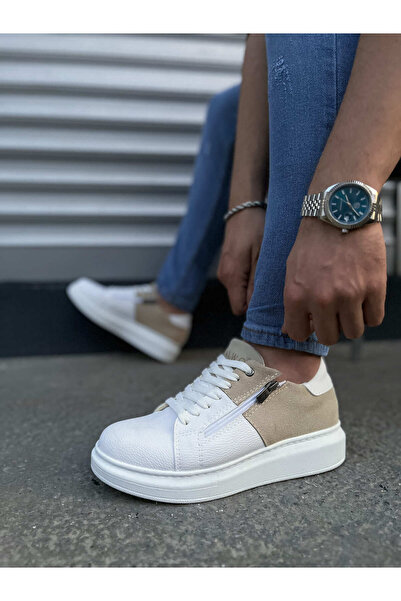 pabucmarketi White Cream Suede Detailed Lace-Up Zippered Men's Shoes Sneakers
