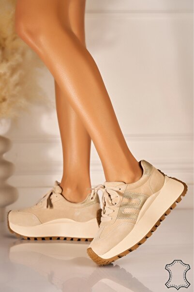 Joana Sneakerși Kyere bej din piele piele întoarsă 5 cm