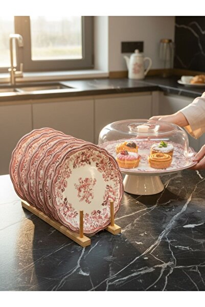 Onedekor طقم كيك من البورسلين المخملي باللون العنابي مكون من 8 قطع