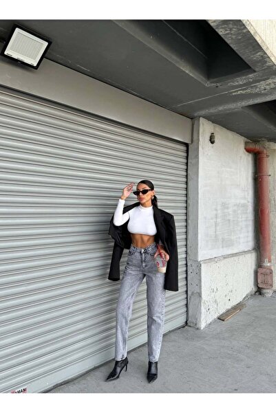 HerTon Γυναικείο παντελόνι τζιν από 100% βαμβάκι σε γκρι απόχρωση Snow Wash -...