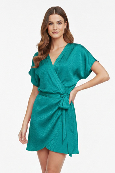 Deriderim Yeşil Kimono Kollu V Yaka Anvelop Elbise