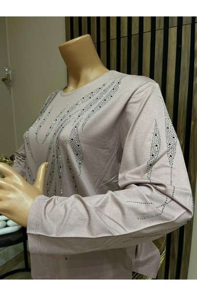AKMAVİ Women's Middle Age and Above Lale Patterned Stretch Fabric Stoned Mother Combed Cotton Blouse