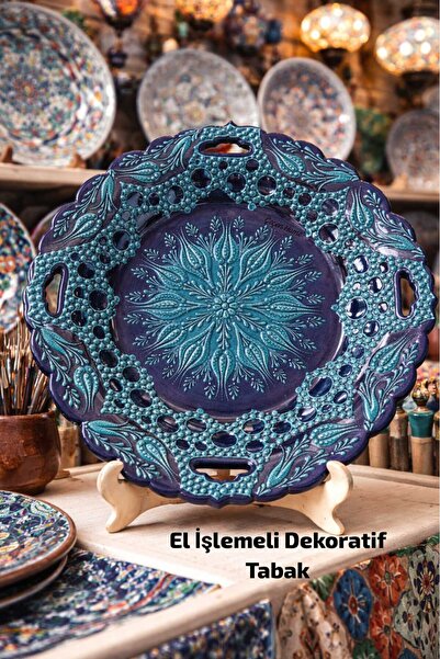 ÇEÇEN HOME Turquoise Tile Patterned Decorative Plate, Handcrafted Tile Plate,...