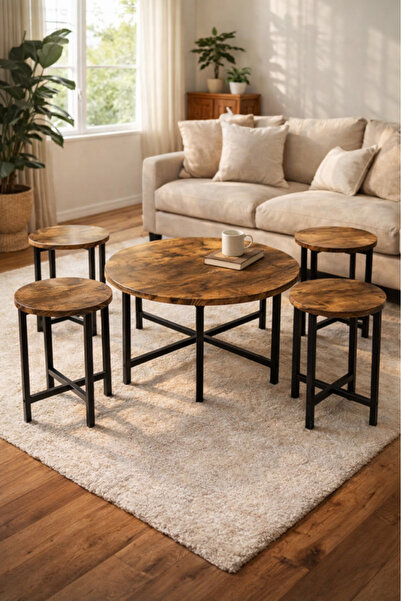 MARIA HOMES Industrial Round Coffee Table Set 1+4 Rustic Wood Finish Black Me...