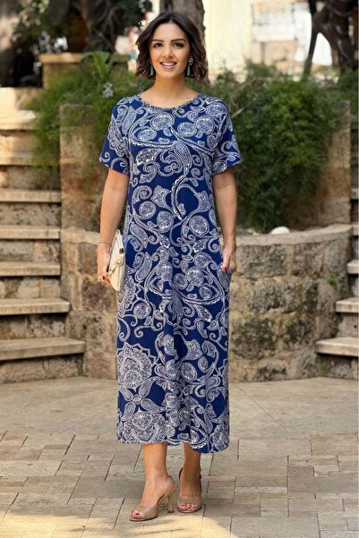 Nevin Kaya Moda Rochie Blue Çini cu model bumbac moale - P1