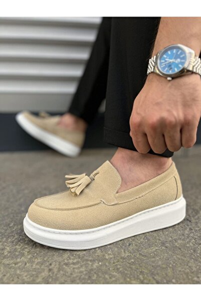 pabucmarketi Cream Suede Tasseled Men's Casual Shoes