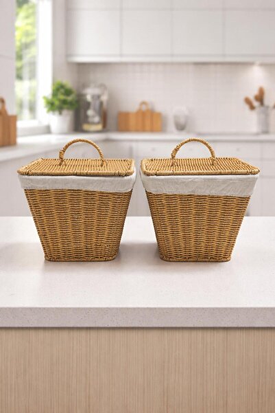 İLİVA 2’li Set Kapaklı Rattan Sepet - Rattan Hasır Patates Soğan Sepeti,Kiler...